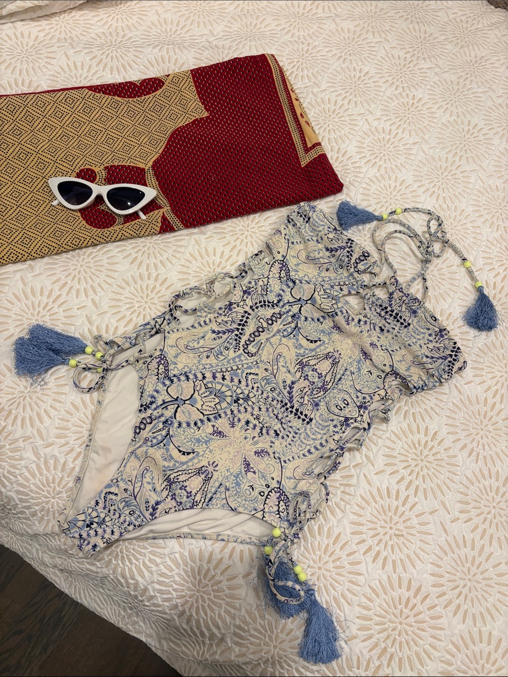 Victoria’s Secret vintage Paisley One-Piece Swimsuit in Blue with Tassel Ties